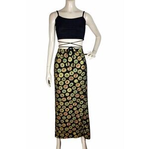 Vintage 80s Gold Jewel Colorful Gem Print Maxi Straight Skirt Plus Size 4X/5X